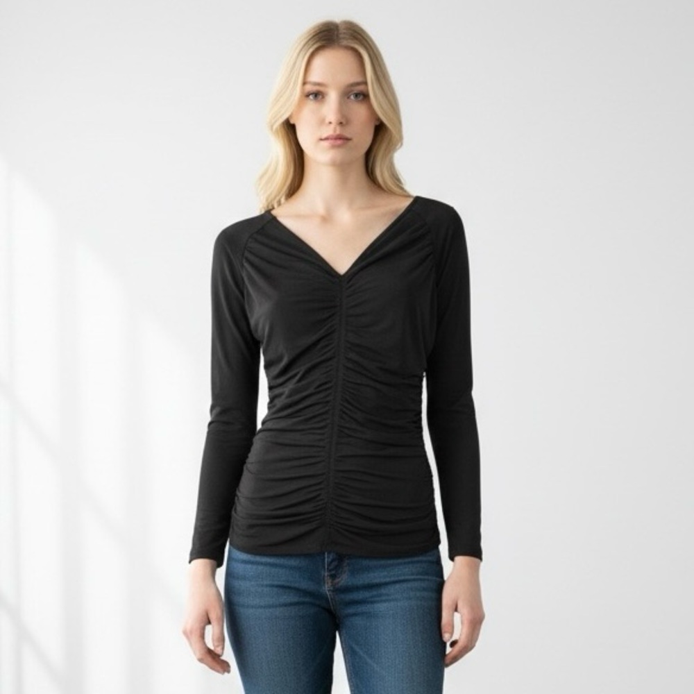 Guess Black‎ Runched V-Neck Zipper in Back Long Sleeve Blouse